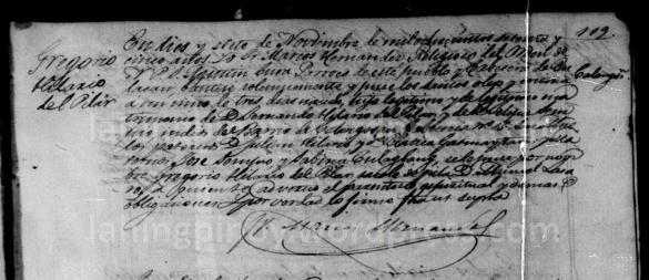 Baptismal record of Gregorio del Pilar. 17 Nov 1875. Bulakan, Bulacan